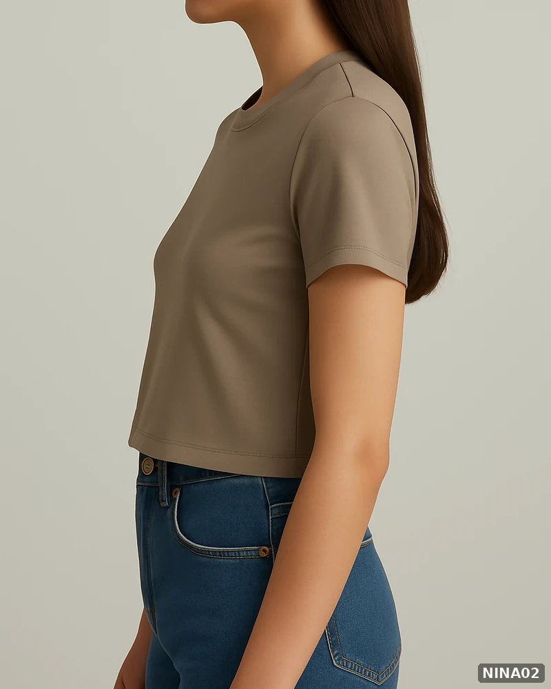 Blusa Crop Top Básica de Cuello Redondo Color Taupe para Mujer - vista 5