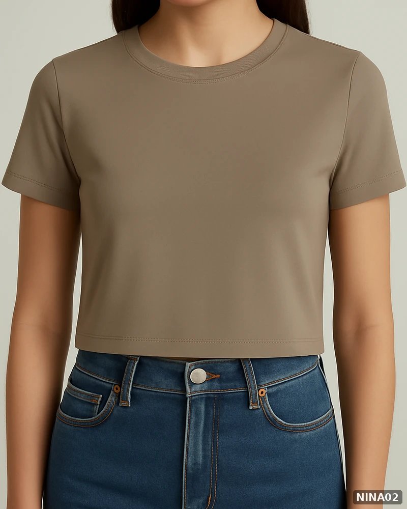 Blusa Crop Top Básica de Cuello Redondo Color Taupe para Mujer - vista 6