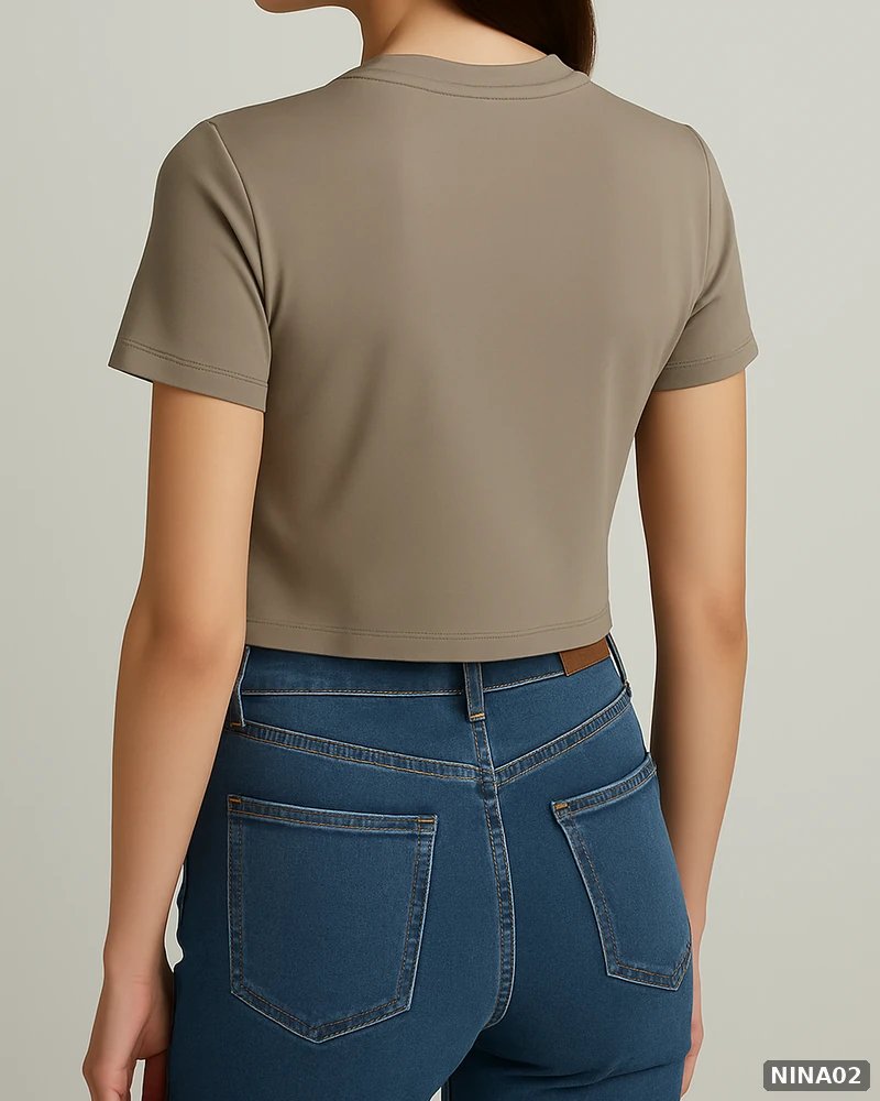 Blusa Crop Top Básica de Cuello Redondo Color Taupe para Mujer - vista 7
