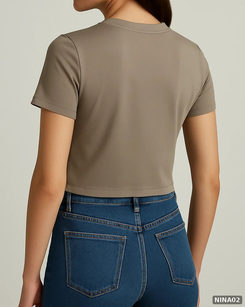 Blusa Crop Top Básica de Cuello Redondo Color Taupe para Mujer - vista 8