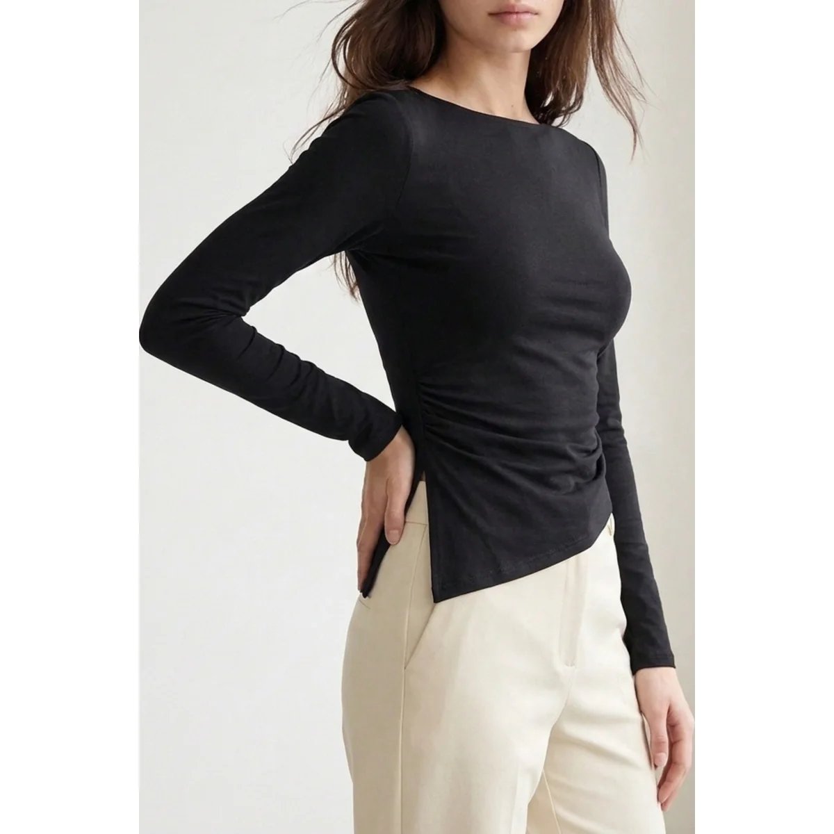 Blusa Manga Larga con Cuello Bote y Fruncido Lateral para Mujer - vista 3
