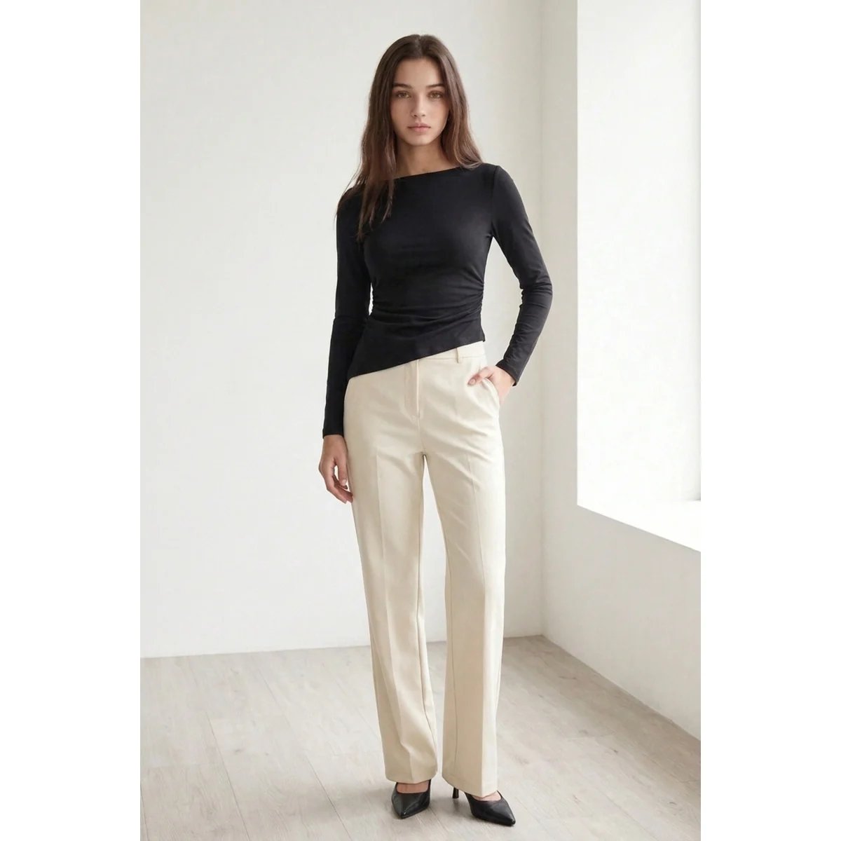 Blusa Manga Larga con Cuello Bote y Fruncido Lateral para Mujer - vista 4