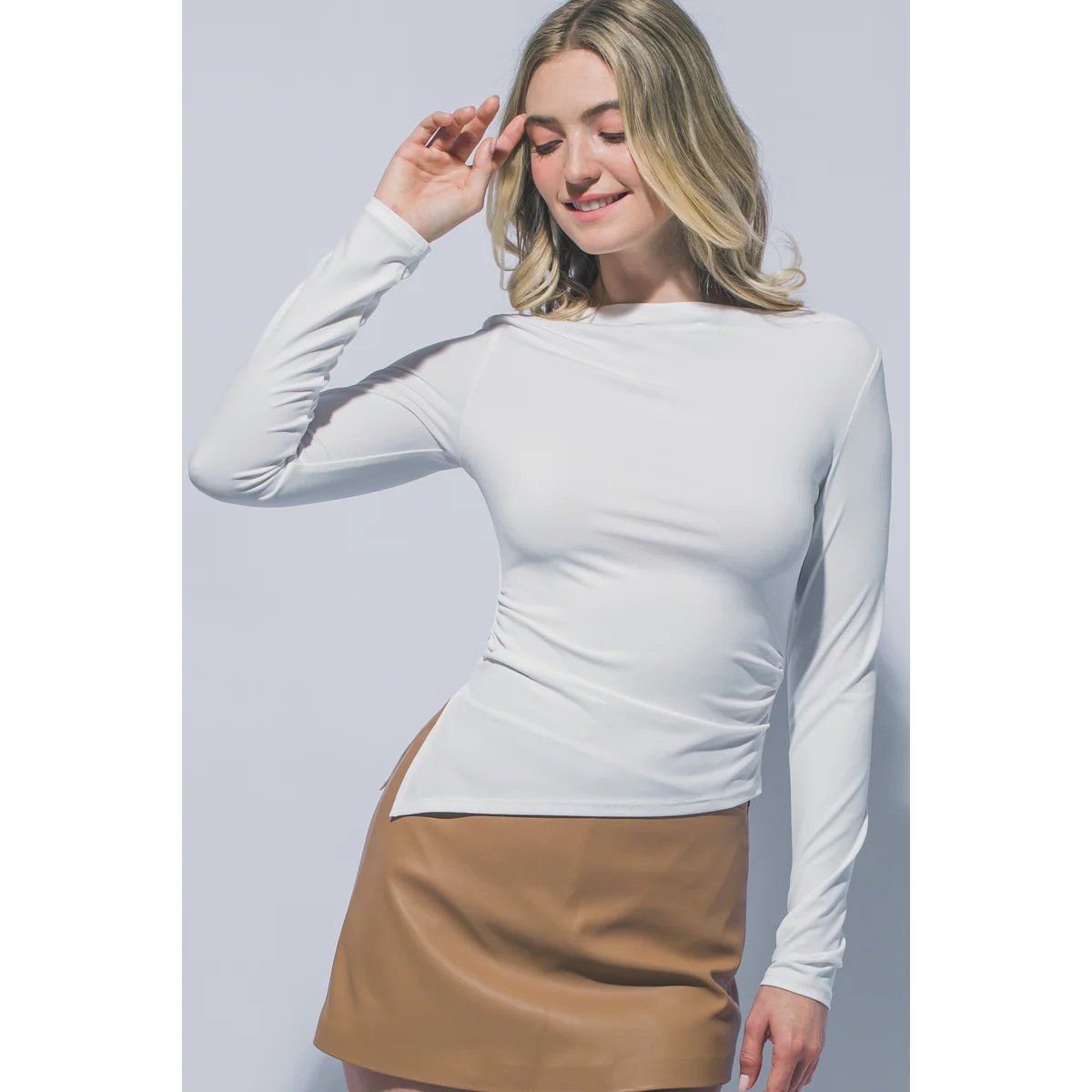 Blusa Manga Larga con Cuello Bote y Fruncido Lateral para Mujer - vista 9
