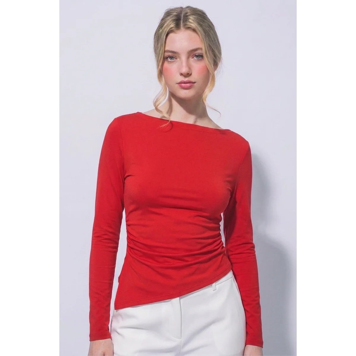 Blusa Manga Larga con Cuello Bote y Fruncido Lateral para Mujer - vista 13