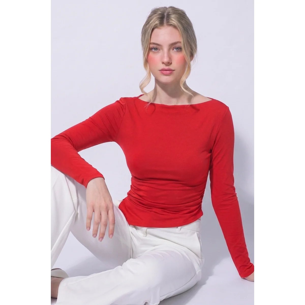 Blusa Manga Larga con Cuello Bote y Fruncido Lateral para Mujer - vista 15
