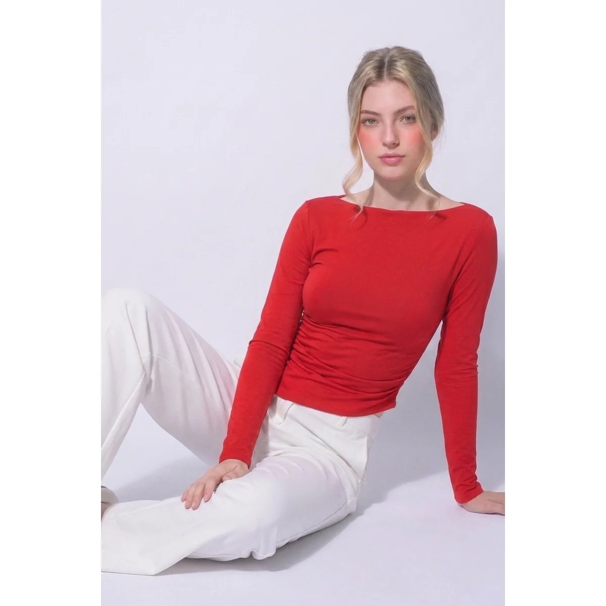 Blusa Manga Larga con Cuello Bote y Fruncido Lateral para Mujer - vista 16