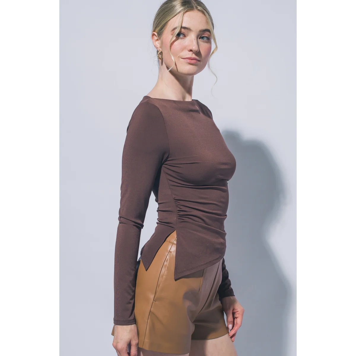 Blusa Manga Larga con Cuello Bote y Fruncido Lateral para Mujer - vista 18