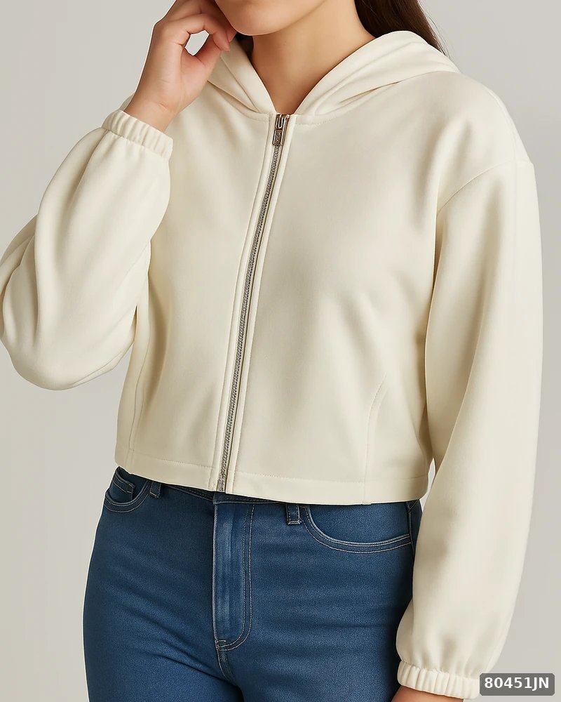 Sudadera Cropped con Capucha y Cierre para Mujer Color Crema - Image 2