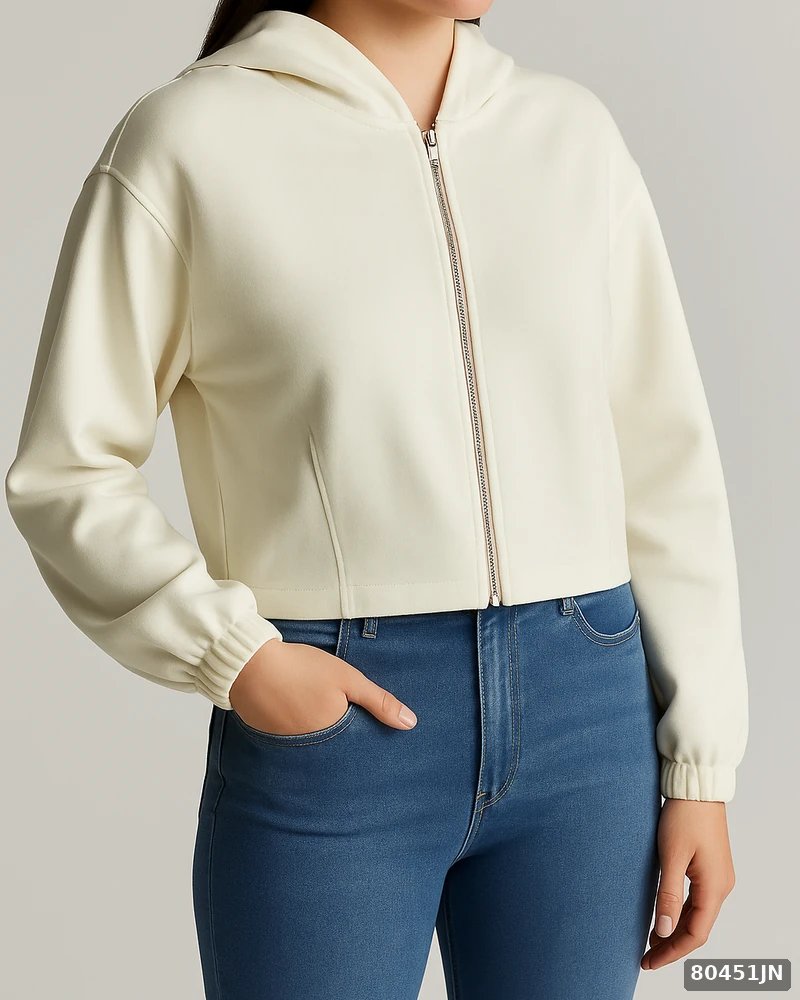 Sudadera Cropped con Capucha y Cierre para Mujer Color Crema - Image 8
