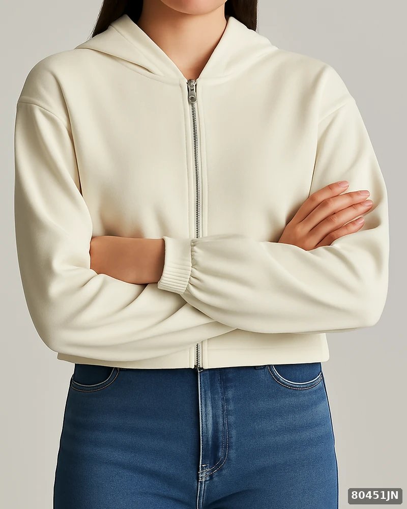 Sudadera Cropped con Capucha y Cierre para Mujer Color Crema - Image 7