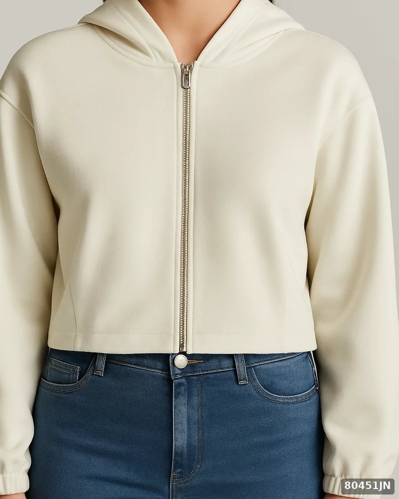 Sudadera Cropped con Capucha y Cierre para Mujer Color Crema - Image 5
