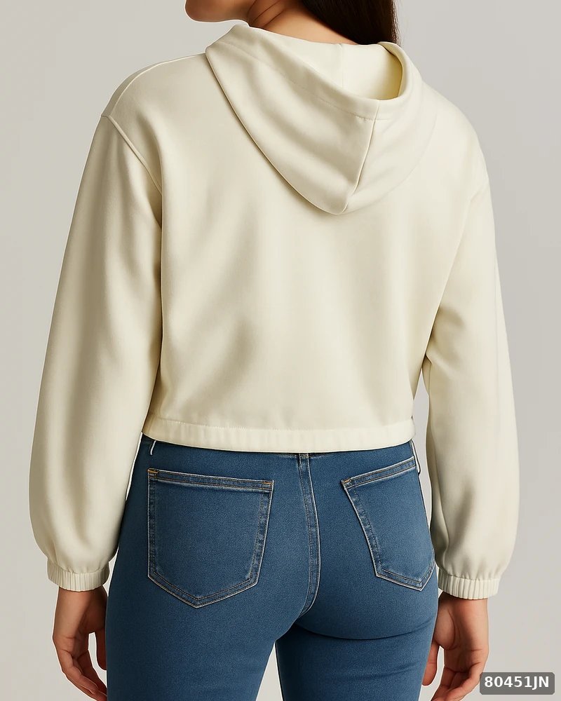 Sudadera Cropped con Capucha y Cierre para Mujer Color Crema - Image 4