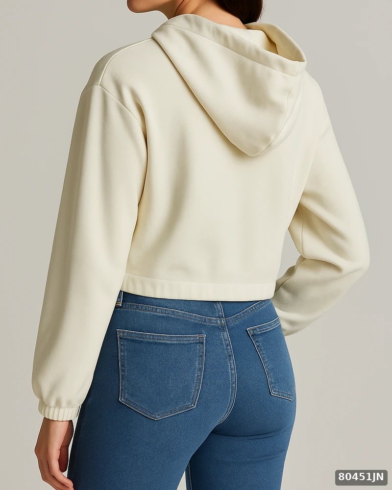 Sudadera Cropped con Capucha y Cierre para Mujer Color Crema - Image 3