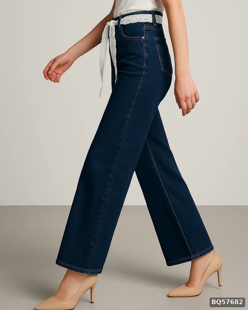 Pantalon Wide Leg de Mezclilla Azul Obscuro con Cinto de Encaje para Mujer - vista 2