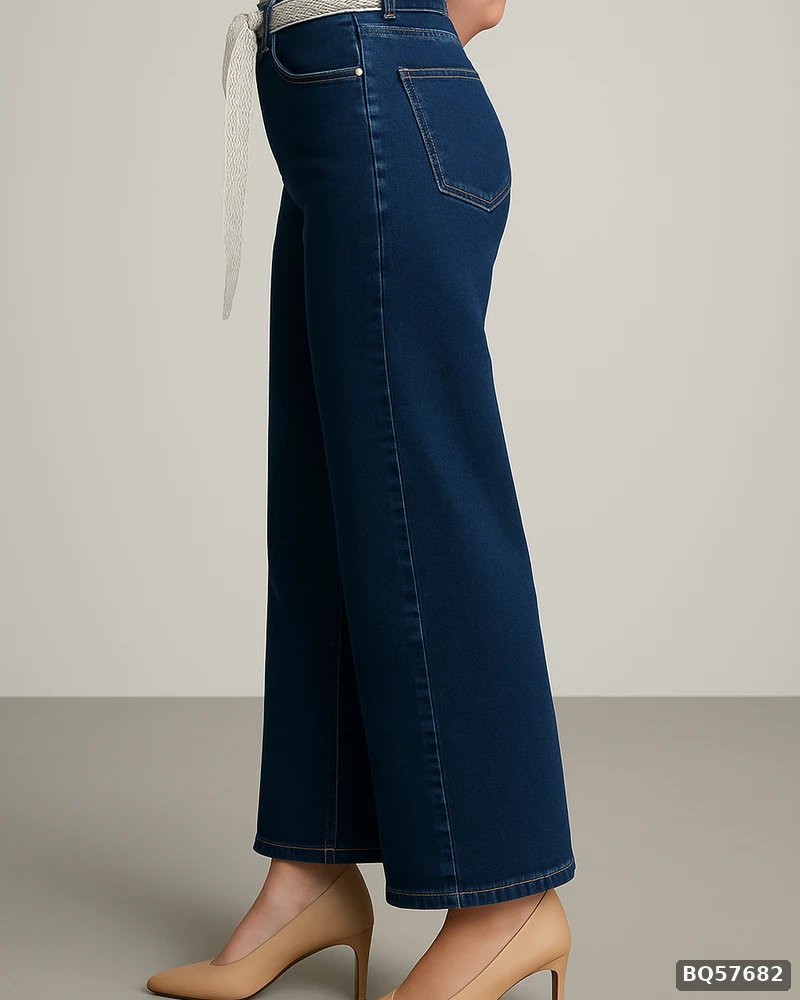 Pantalon Wide Leg de Mezclilla Azul Obscuro con Cinto de Encaje para Mujer - vista 3
