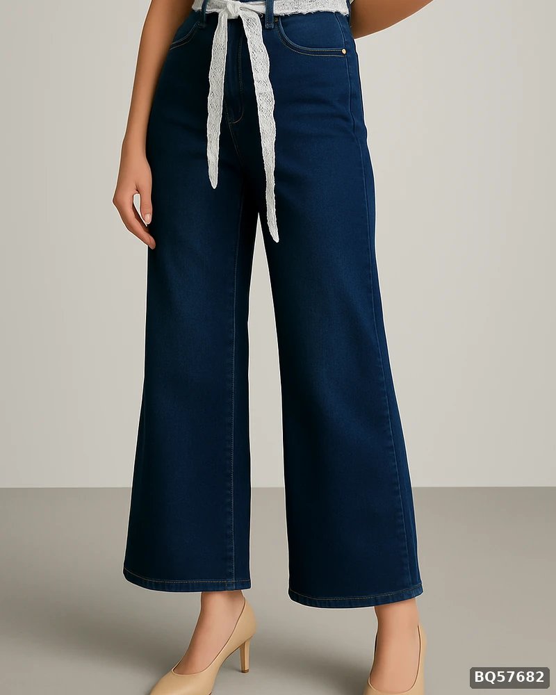 Pantalon Wide Leg de Mezclilla Azul Obscuro con Cinto de Encaje para Mujer - vista 4