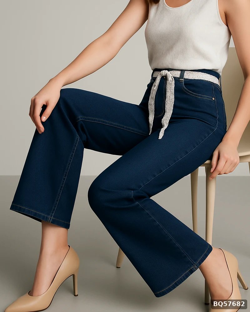 Pantalon Wide Leg de Mezclilla Azul Obscuro con Cinto de Encaje para Mujer - vista 5