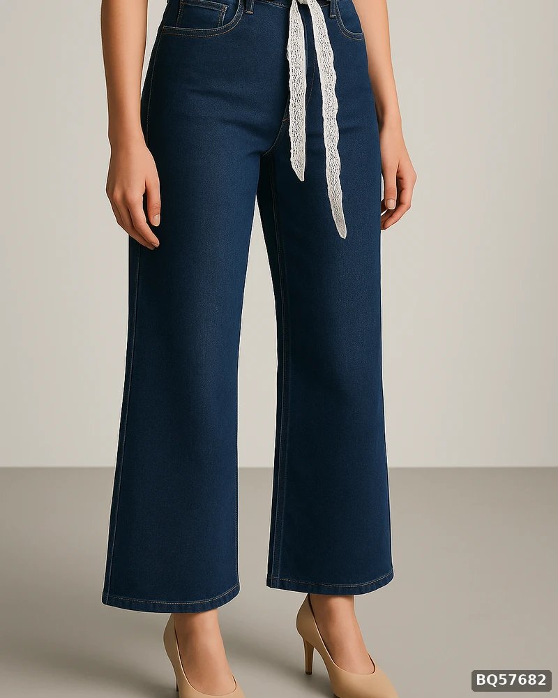 Pantalon Wide Leg de Mezclilla Azul Obscuro con Cinto de Encaje para Mujer - vista 6