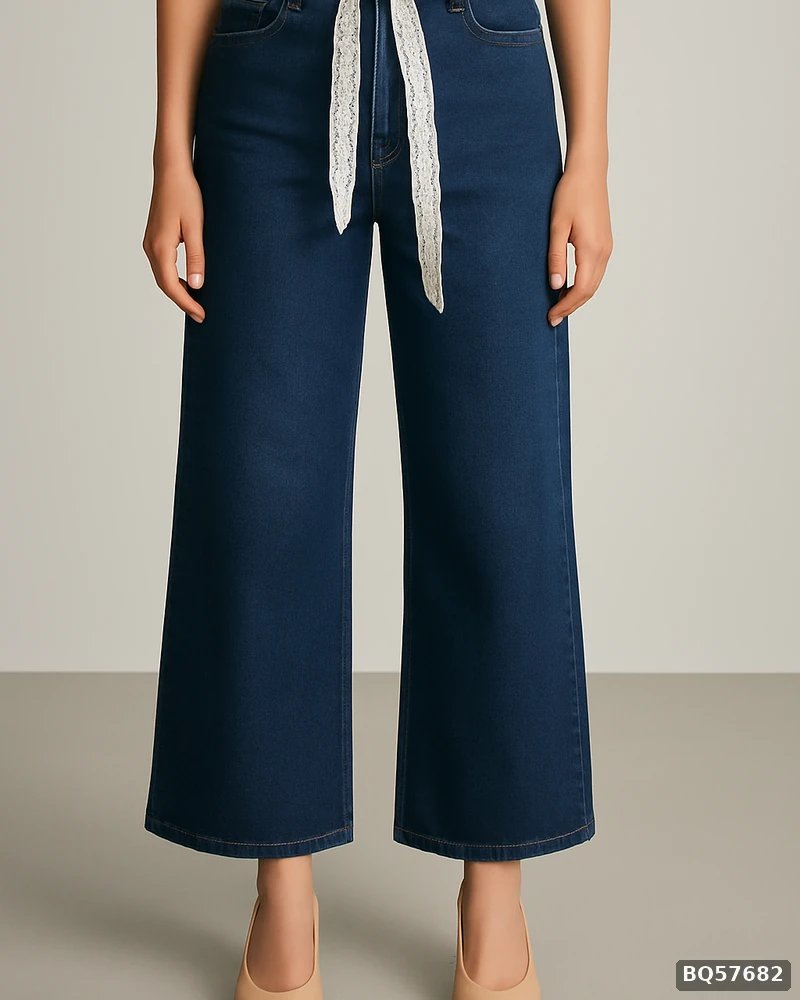 Pantalon Wide Leg de Mezclilla Azul Obscuro con Cinto de Encaje para Mujer - vista 8