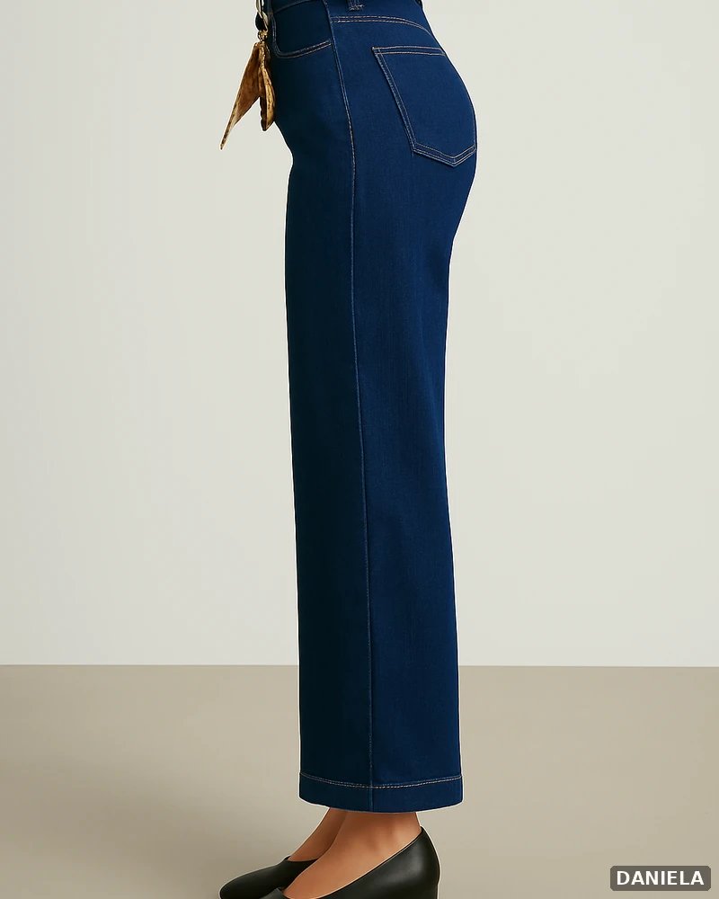 Pantalón Wide Leg Petite de Mezclilla Oscura Tiro Alto para Mujer - vista 3