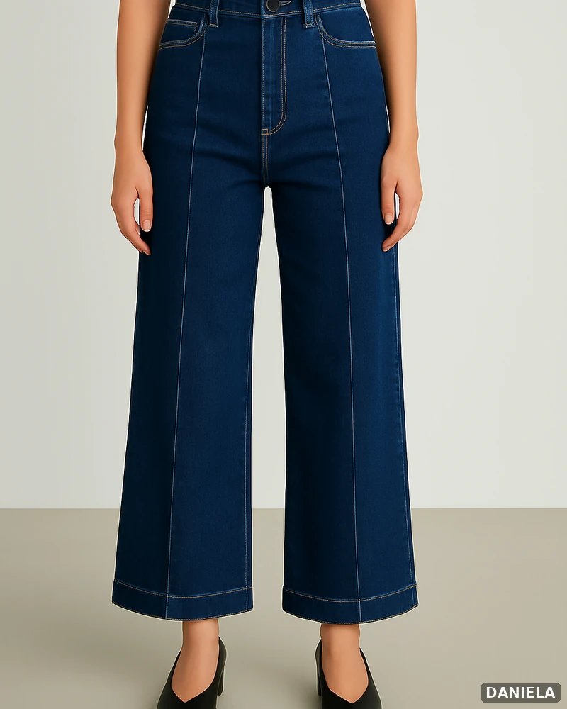 Pantalón Wide Leg Petite de Mezclilla Oscura Tiro Alto para Mujer - vista 8