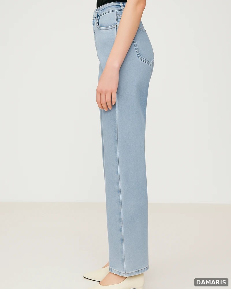 Pantalon Wide Leg Petite de Mezclilla Azul Claro de Tiro Alto para Mujer - vista 3