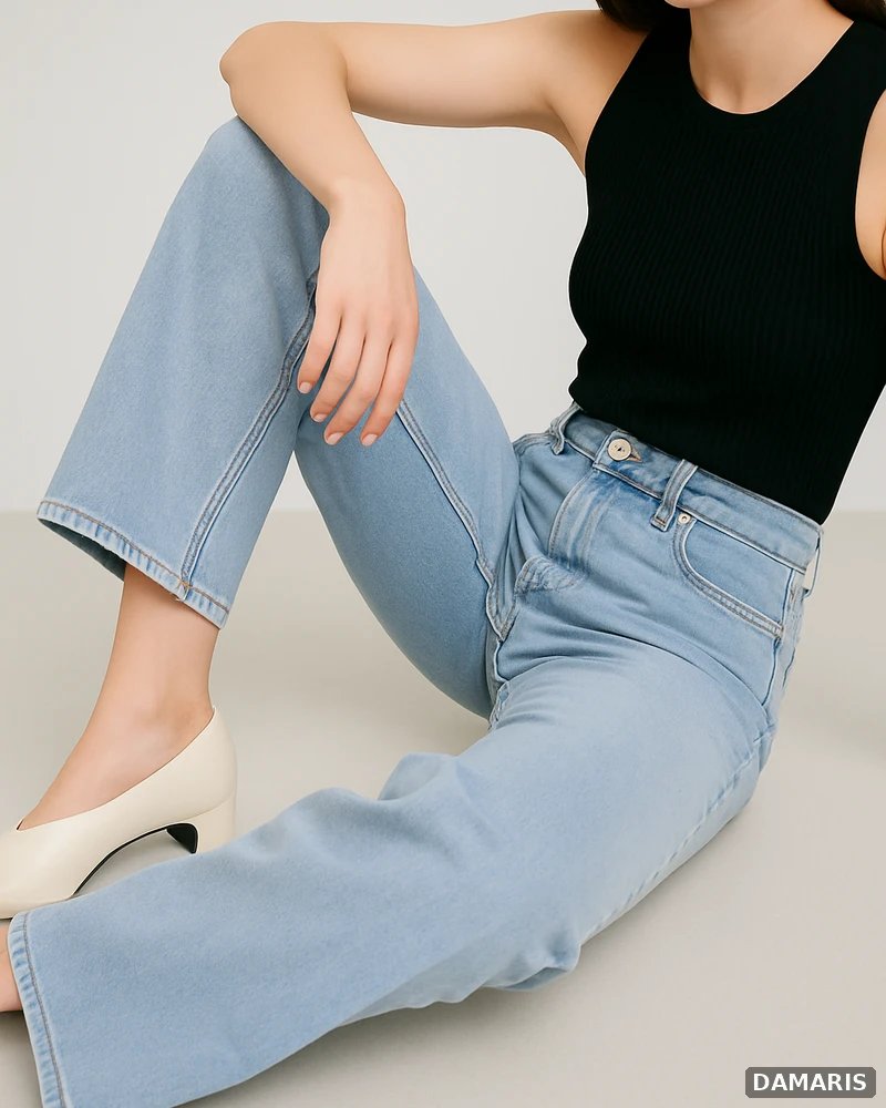 Pantalon Wide Leg Petite de Mezclilla Azul Claro de Tiro Alto para Mujer - vista 5