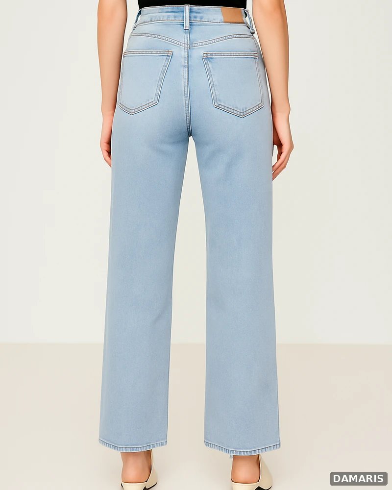 Pantalon Wide Leg Petite de Mezclilla Azul Claro de Tiro Alto para Mujer - vista 7