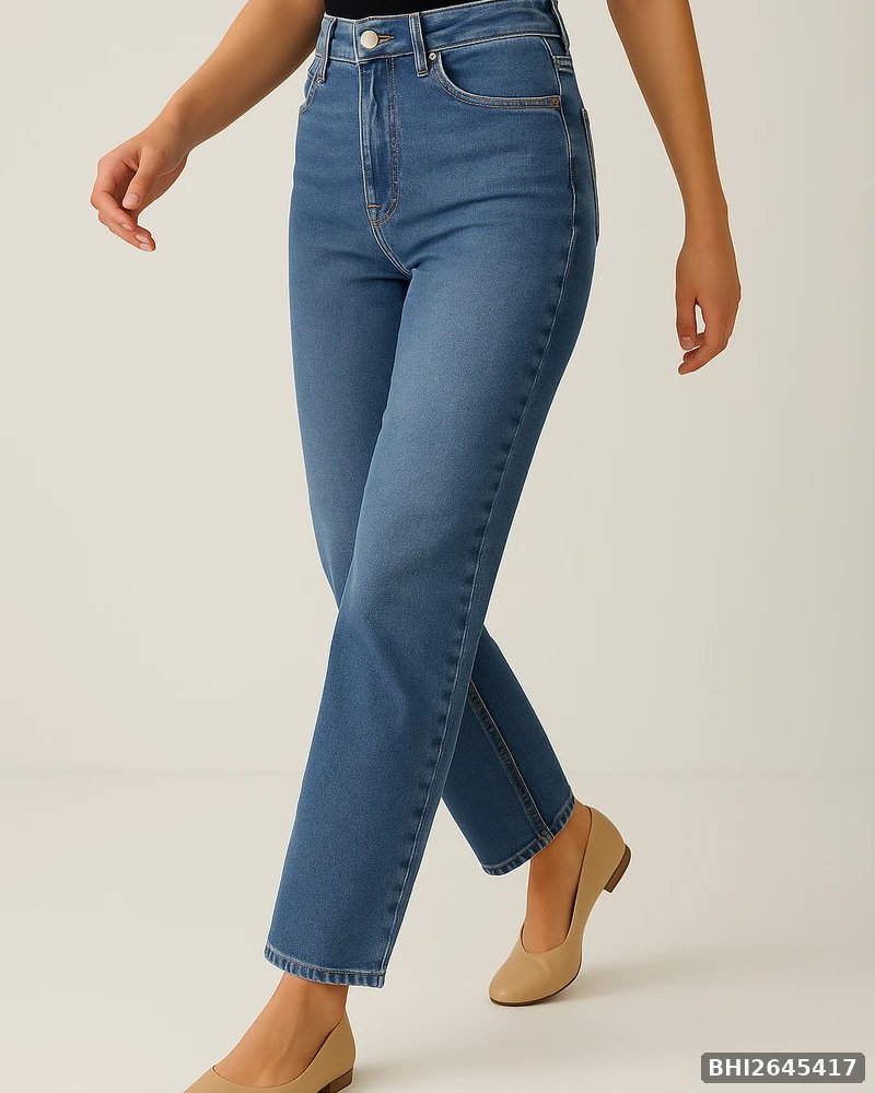 Jeans Straight Fit de Tiro Alto en Mezclilla Azul Media para Mujer - vista 2