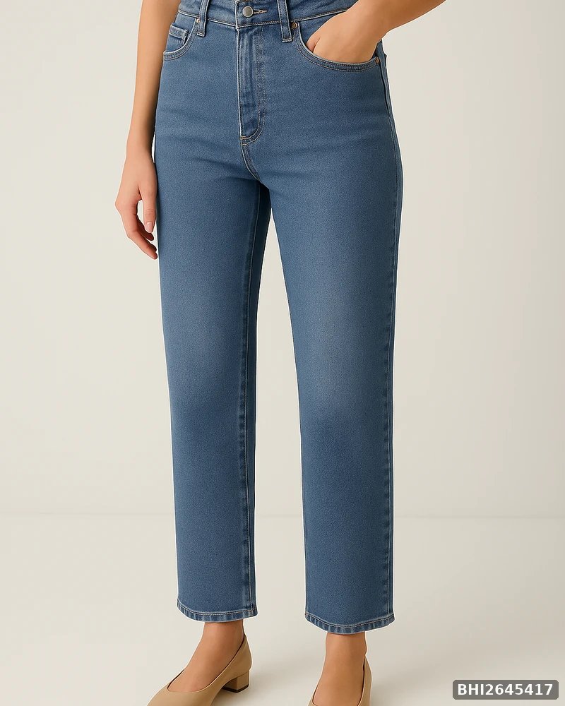 Jeans Straight Fit de Tiro Alto en Mezclilla Azul Media para Mujer - vista 6
