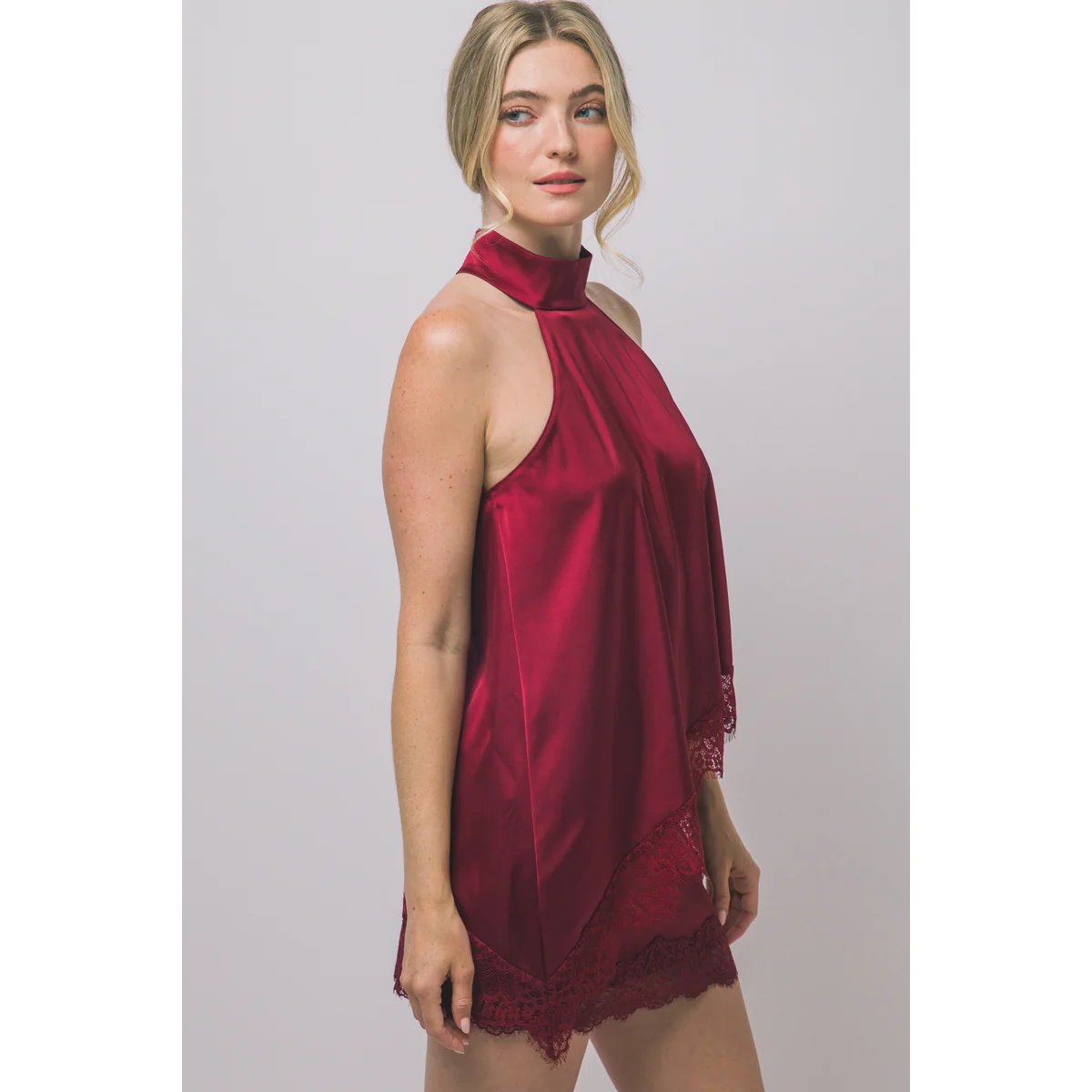 Blusa Satinada con Encaje Floral Bordado en Rojo Vino para Mujer - vista 37