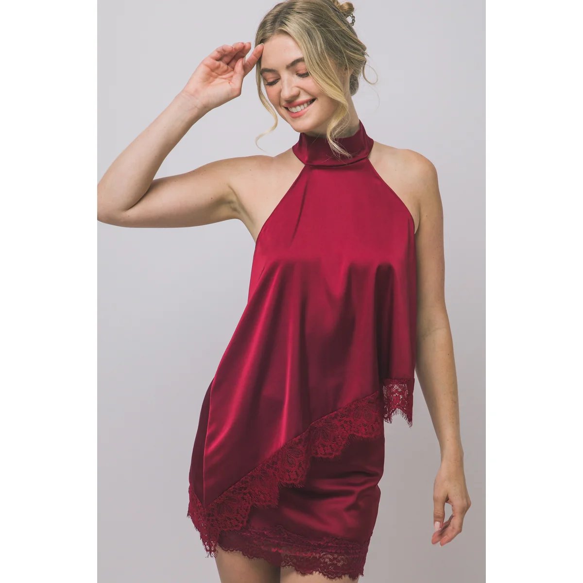 Blusa Satinada con Encaje Floral Bordado en Rojo Vino para Mujer - vista 41