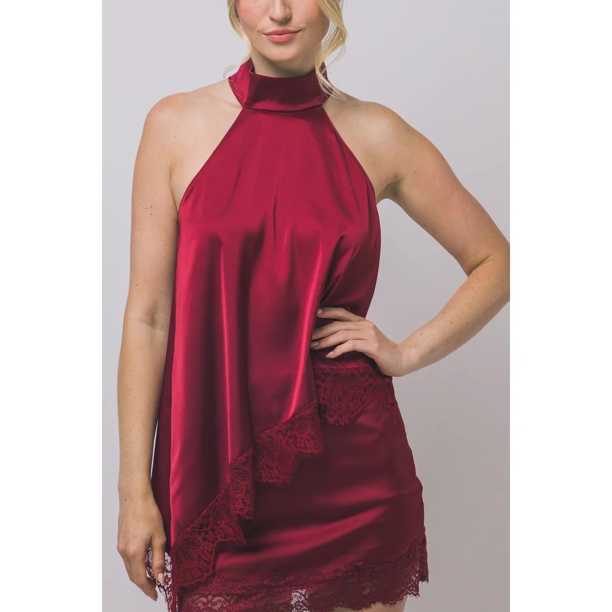 Blusa Satinada con Encaje Floral Bordado en Rojo Vino para Mujer - vista 42