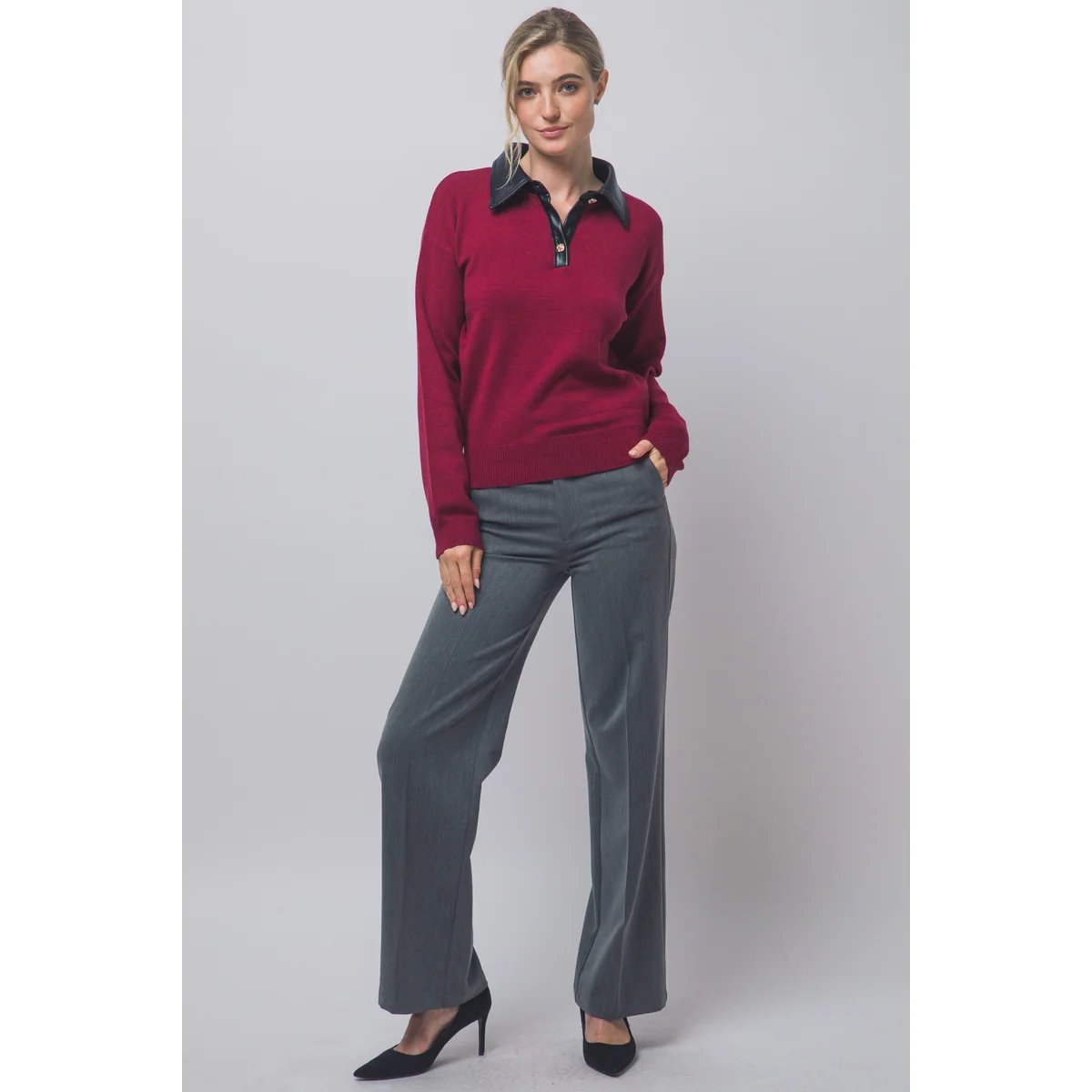 Suéter Polo Borgoña con Cuello de Piel Sintética y Botones Dorados para Mujer - vista 12