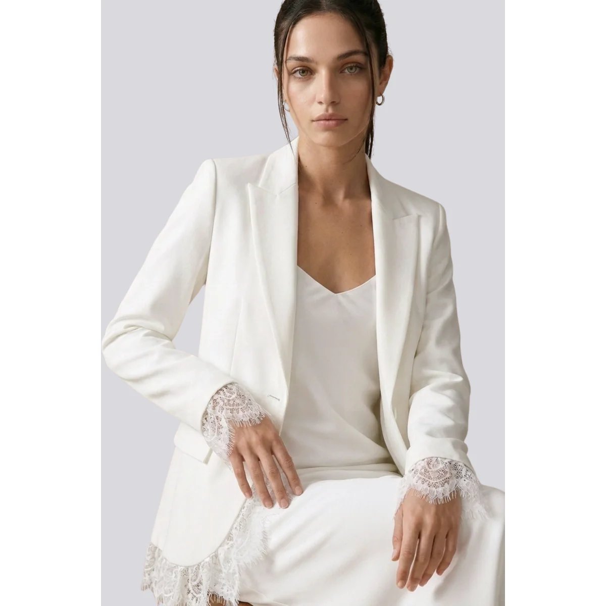 Blazer Rosa Claro con Detalles de Encaje Estilo Elegante para Mujer - vista 14