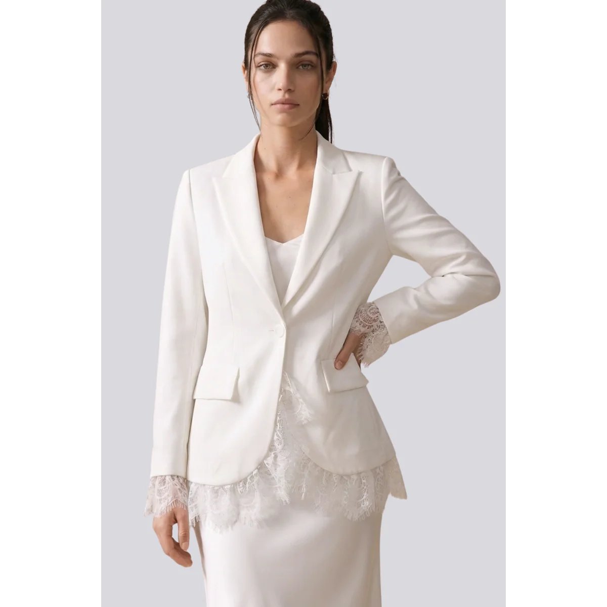 Blazer Rosa Claro con Detalles de Encaje Estilo Elegante para Mujer - vista 15