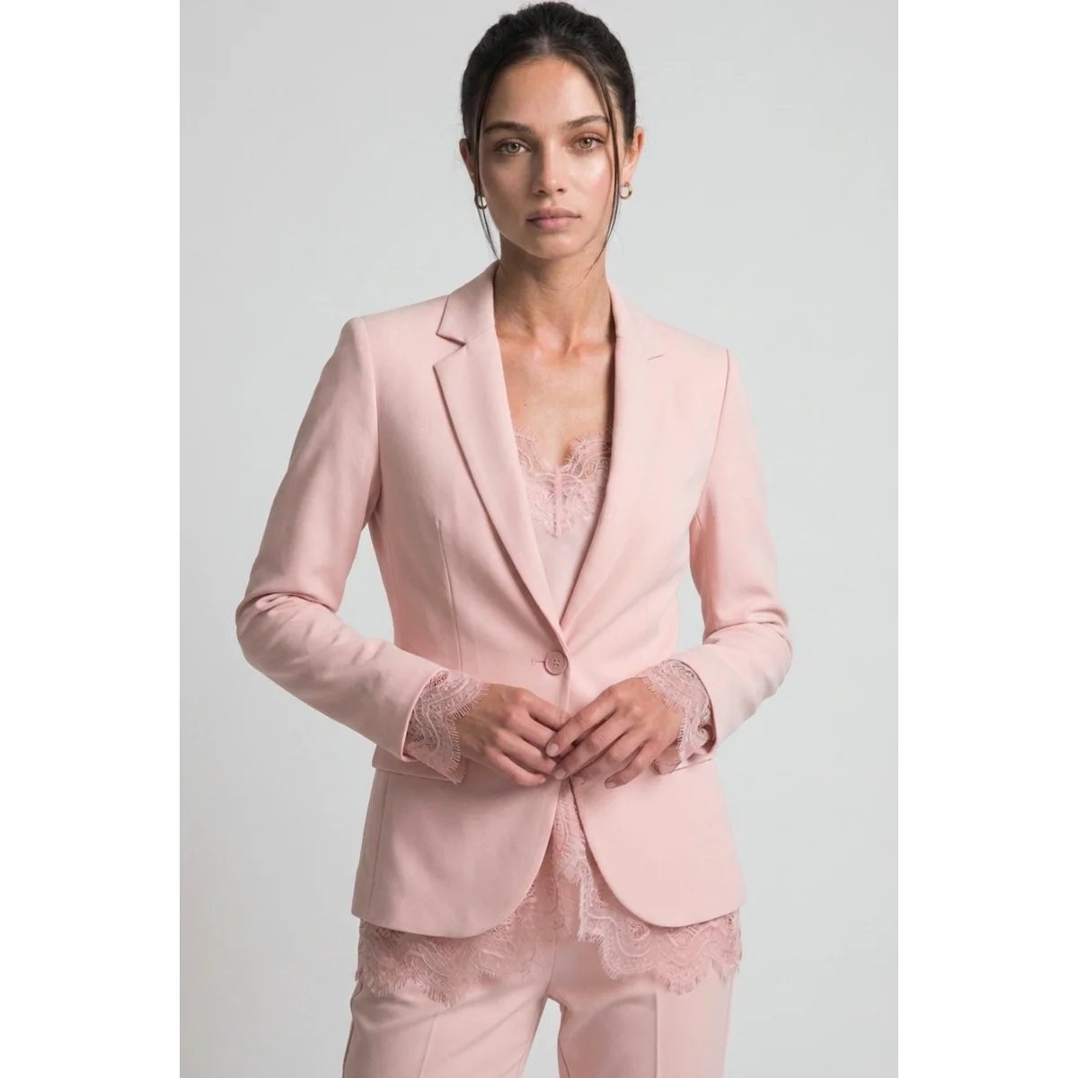 Blazer Rosa Claro con Detalles de Encaje Estilo Elegante para Mujer - vista 27