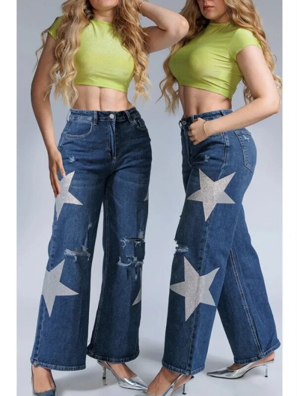 Jeans Straight Fit con Estrellas Brillantes y Rotos para Mujer