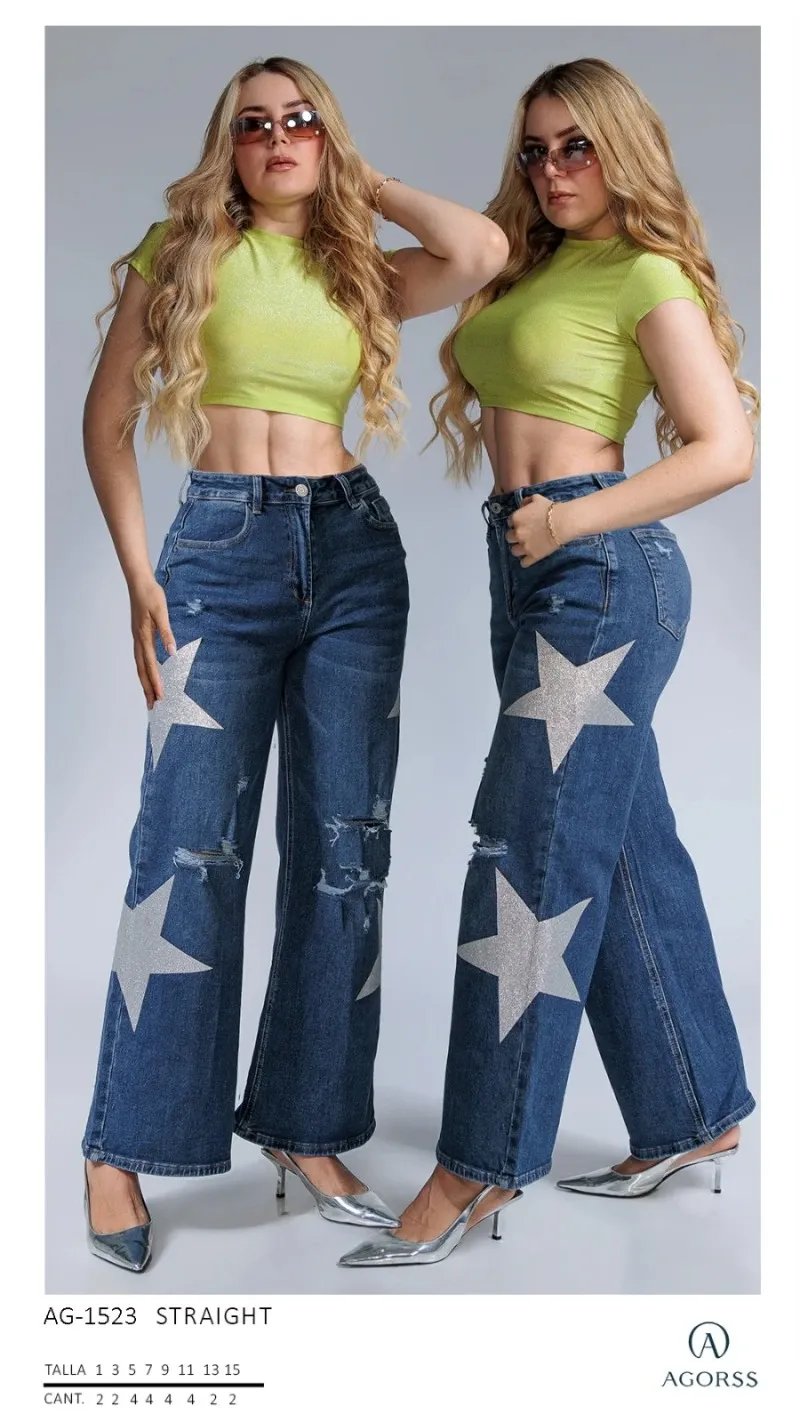 Jeans Straight Fit con Estrellas Brillantes y Rotos para Mujer
