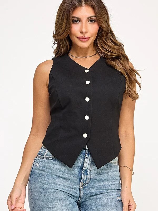 Chaleco Femenino Negro con Botones Perla Estilo Sastre Elegante