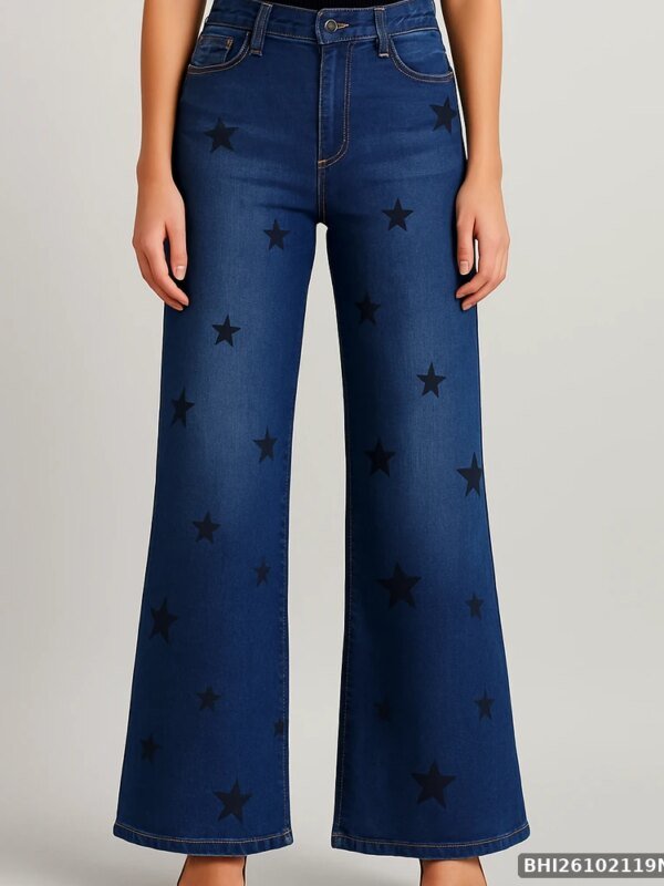 Jeans Wide Leg con Estampado de Estrellas en Mezclilla Azul para Mujer