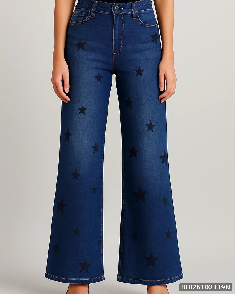 Jeans Wide Leg con Estampado de Estrellas en Mezclilla Azul para Mujer