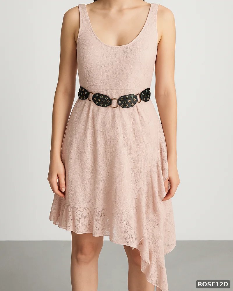 Vestido de Encaje Rosa Asimétrico con Cinturón para Mujer