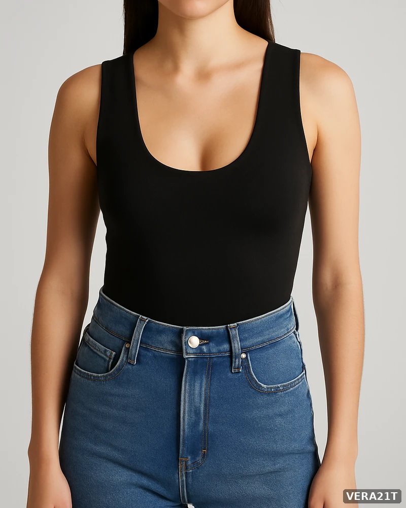 Bodysuit Negro Escote Redondo Ajustado Estilo Casual para Mujer