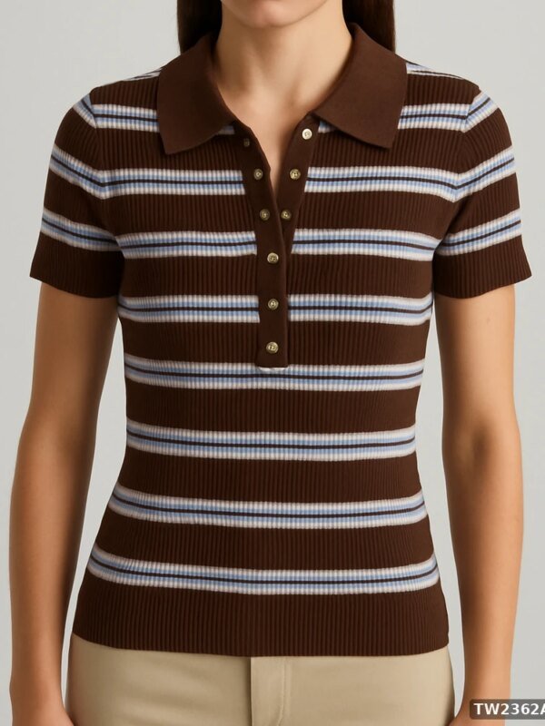 Polo Tejida de Rayas Estilo Retro en Color Café para Mujer
