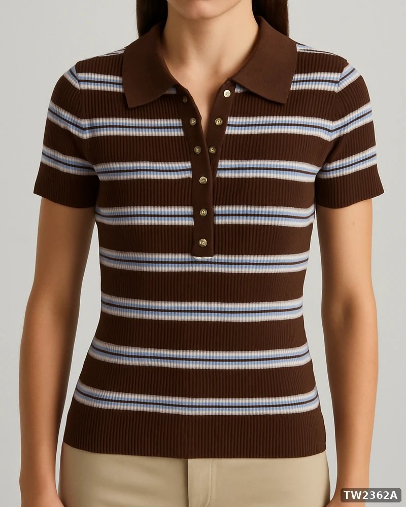 Polo Tejida de Rayas Estilo Retro en Color Café para Mujer
