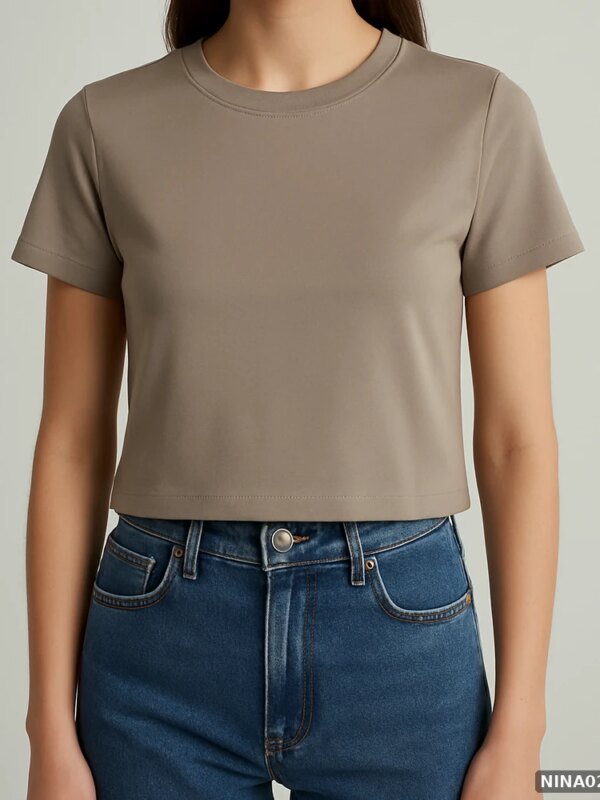 Blusa Crop Top Básica de Cuello Redondo Color Taupe para Mujer