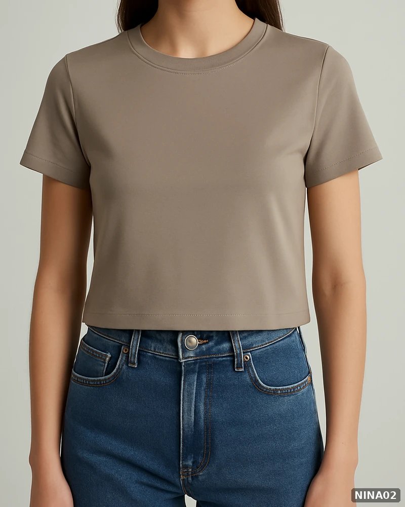 Blusa Crop Top Básica de Cuello Redondo Color Taupe para Mujer