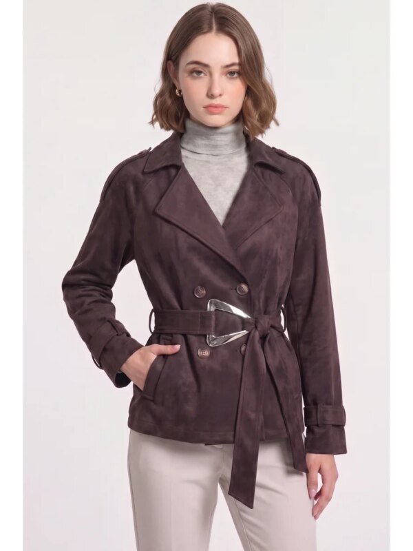 Gabardina Corta de Gamuza con Cinturón Estilo Trench para Mujer