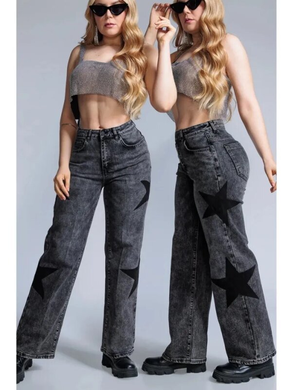 Jeans Wide Leg con Estrellas en Mezclilla Gris Oscura para Mujer